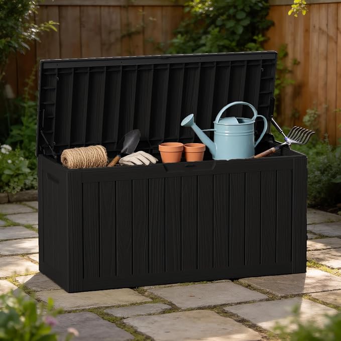 95 Gallon Outdoor Deck Storage Box, All Weather Vertical Wood Grain Lockable Storage Container for Poolside, Patio & Backyard Large Outdoor Storage (Black,95GAL)