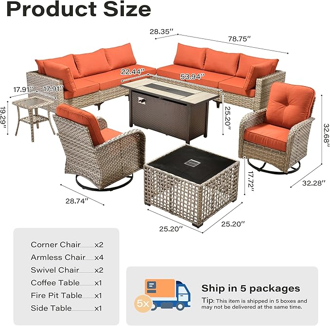 11 Pieces Outdoor Sectional Patio Furniture Set with 54" Fire Pit,Wicker Conversation Sets Rattan L Shaped Couch Swivel Rocking Chairs,Modular Outdoor Sofa for Porch Balcony Backyard Orange