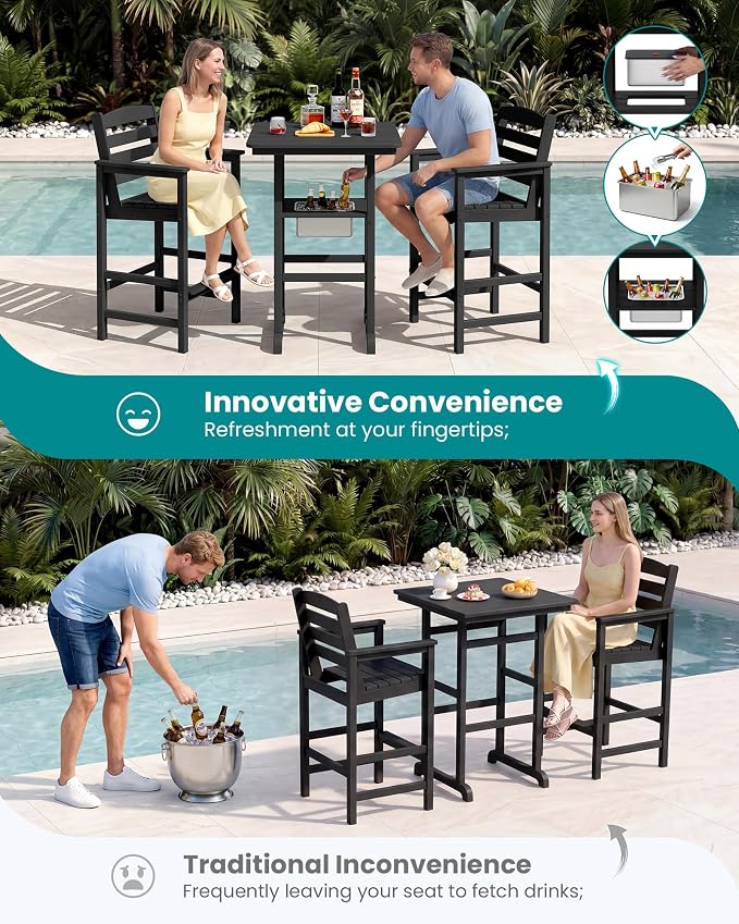 SERWALL Adirondack Bar Chairs and Table 5 Pieces Set, HDPE Bar Height Chairs Set of 2 and Bar Table with Ice Bucket, Outdoor Bar Stools Set for Balcony, Poolside, Backyard, Black