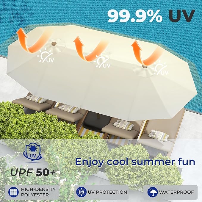 BRIOPAWS 15-FT-Large-Patio-Umbrella-with-Base | Double-Sided | Outdoor Table Umbrellas | w/Crank Handle | 12 Sturdy Fiberglass Rib | UV-Protection | for Garden Deck Backyard Pool | Beige