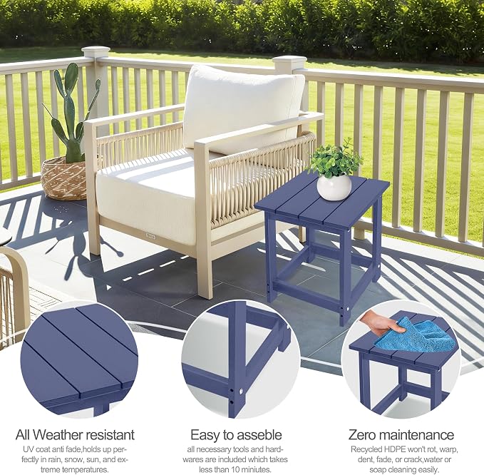 LZRS Patio End Table, Heavy Duty HDPE Outdoor Coffee Table with Wood Texture, Weatherproof Composite Table for Adirondack Chairs, Deck, Pool, Indoor/Outdoor, No Peeling or Cracking(Navy Blue)