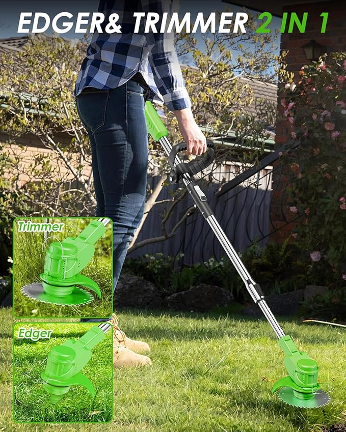 Cordless Weed Wacker, 2-in-1 stringless Weed Wacker, Foldable 2.0Ah Battery Powered Weed Trimmer Stringless Grass Trimmer/Edger Lawn Tool for Yard Lawns Garden