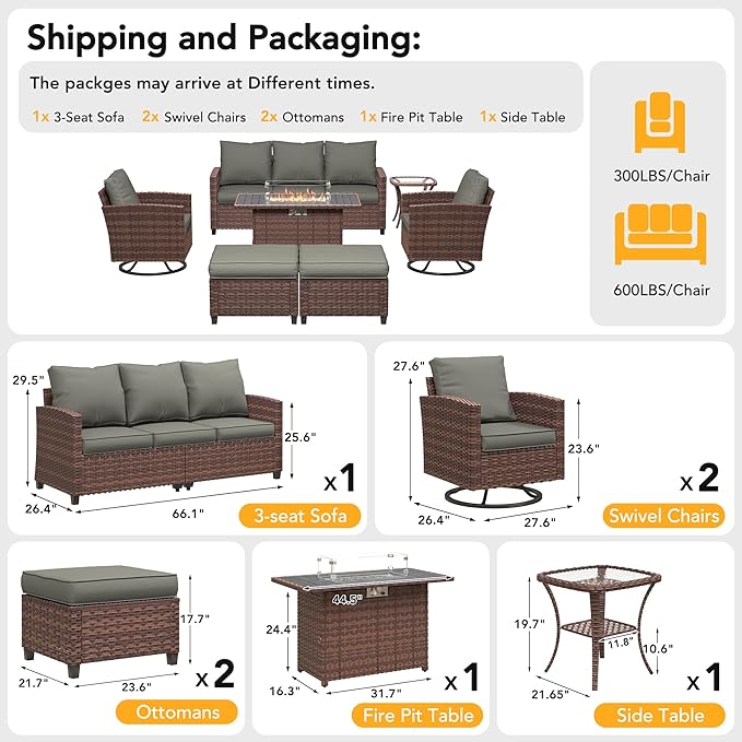 7 Pieces Patio Furniture Set with 44" Fire Pit Table, Outdoor Sectional Conversation Sets with Swivel Chair, Gas Fire Pit, Ottomans, Side Table, 4" Thick Cushion，for Backyard Garden Deck, Dark Grey