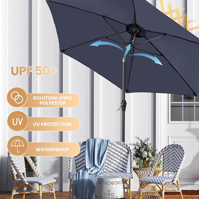 Ayge 7.5FT Large Outdoor Patio Umbrella Market Table Umbrella-UV Resistant, Easy Push Button Tilt and Crank, 6 Sturdy Fiberglass Ribs Heavy-Duty Pool Umbrella for Deck, Backyard,Garden, Yard,Navy