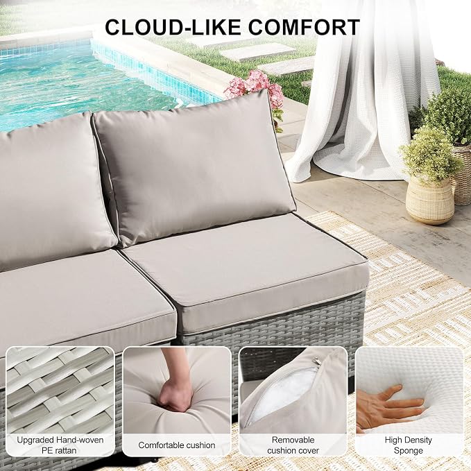 CANMOV 7 Pieces Patio Furniture Sets, All Weather Outdoor Patio Conversation Set, PE Wicker Rattan Sectional Sofa Couch Glass Coffee Table Washable Cushions for Backyard Garden, Poolside, Khaki