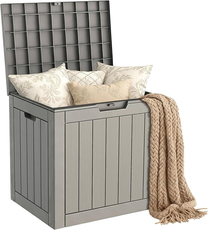 Mars Villa 31 Gallon Deck Box, Waterproof Weatherproof and UV Resistant Resin Storage Bin with Lockable Lid, for Outdoor Patio Furniture Cushions, Pool Supplies, Garden Tools, Grey