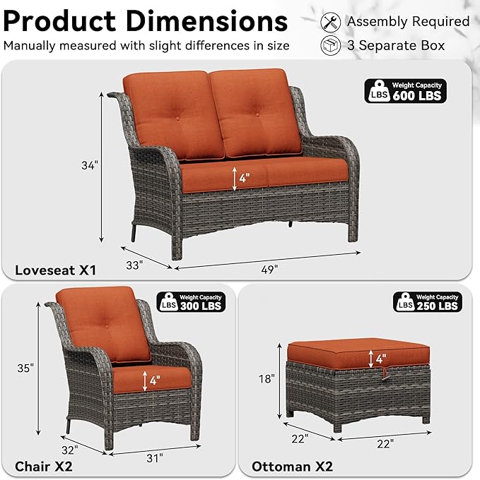 5 Piece Outdoor Wicker Patio Furniture Set, Patio Chairs Set with Thickened Olefin Cushions, High Back and Deep Seating, Hand-Woven PE Rattan, Ottoman for Porch, Deck