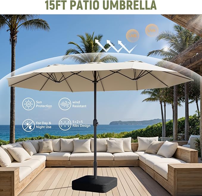 15ft Double-Sided Outdoor Patio Umbrella, Table Umbrellas with Steel Ribs, Easy Crank, Market Umbrella for Backyard & Pool
