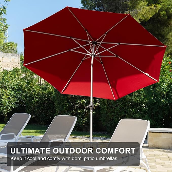 Domi 10FT Patio Umbrella Outdoor Market Umbrella with Silver Aluminum Pole, UV Resistant Canopy, Wind Vent, Tilt & Crank System, Perfect for Patio, Garden, Deck, Pool, Outdoor Dining, Red