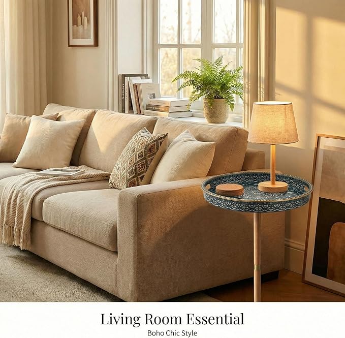 Gesodant Boho Single Leg Round Side Table with Tray Top, Pedestal Drink Table for Small Spaces, Aesthetic Accent Nightstand for Living Room, Bedroom, Corners, and Office (Yellow Leg Blue Maze)