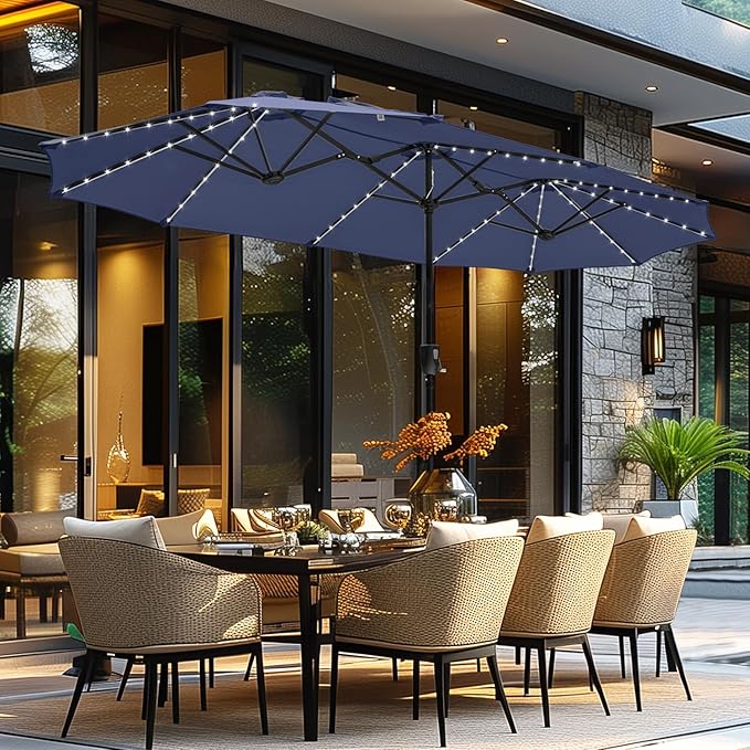 GREEN PARTY 13ft Outdoor Patio Umbrella with Solar Lights, 120 LED 12-Mode Large Double Sided Rectangular Table Umbrella, Heavy Duty Triple-Head Shade for Backyard Deck & Poolside, Navy Blue(No Base)