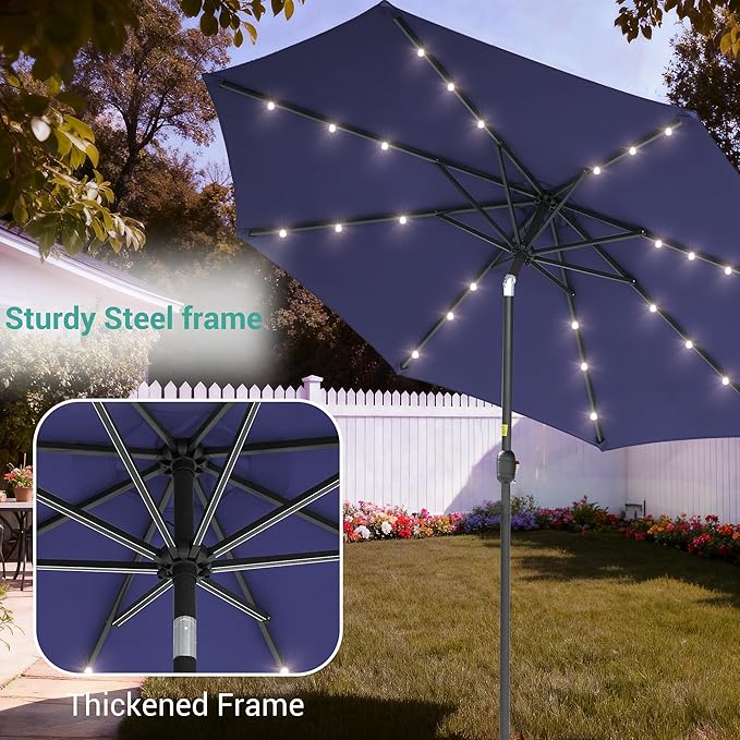 9ft Patio Umbrella Outdoor with Solar Lights,32 LED Lighted Table Market Umbrella with Tilt and Crank, 2-Year-Non-Fading, 8 Sturdy Ribs,for Pool, Deck, Garden,Backyard