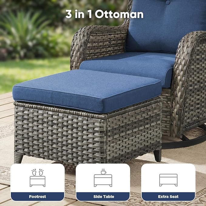 Belord 3-Piece PE Wicker Outdoor Sofa with 2 Ottomans, Luxury Patio Couch Convertible to Chaise Lounge, All-Weather High Back Deep Seat Woven Furniture for Deck, Porch - Grey/Blue