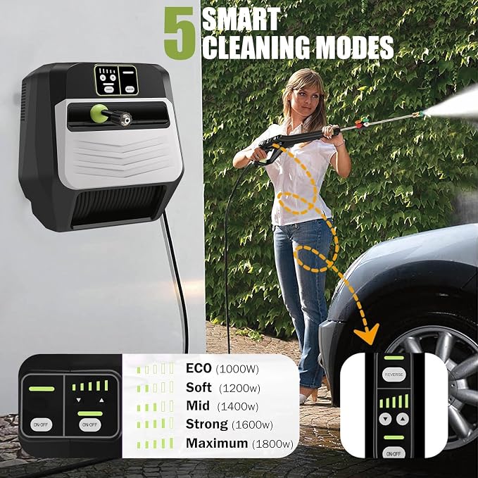Wall Mounted Pressure Washer 5500 PSI Retractable Pressure Washer with 66ft Auto-Retract Hose, 5 Nozzles and 1L Foam Cannon, Electric Power Washer for Home, Car, Hose Reel, Silver