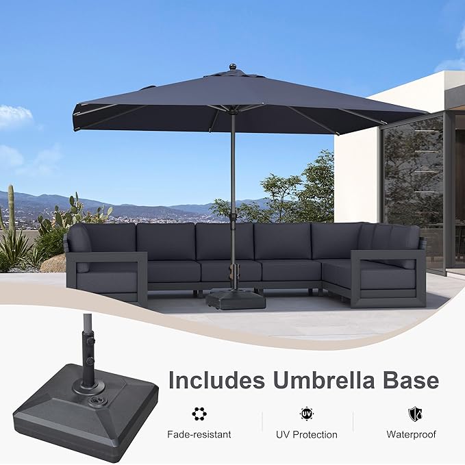 PURPLE LEAF 11.5' x 8' Rectangle Patio Market Umbrella with Base Outdoor Table Umbrellas Aluminum Frame Sun Shade with 8 Sturdy Ribs for Garden Deck Lawn Pool Navy Blue
