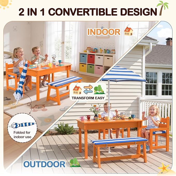 BRINJOY Kids Picnic Table, 4-in-1 Outdoor Wooden Table & Chair Set w/Umbrella & 2 Removable Boxes, Children Sand and Water Activity Table w/Cushioned Bench for Patio, Garden, Backyard