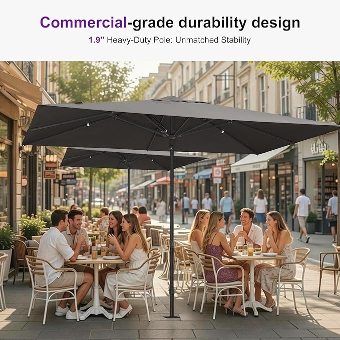 PURPLE LEAF 11' x 8' Rectangular Semi-Auto Outdoor Patio Umbrella Aluminium Market Umbrella Table Sun Umbrella with 1.89" Rod and 8 Sturdy Ribs for Deck Lawn Pool Garden, Gray