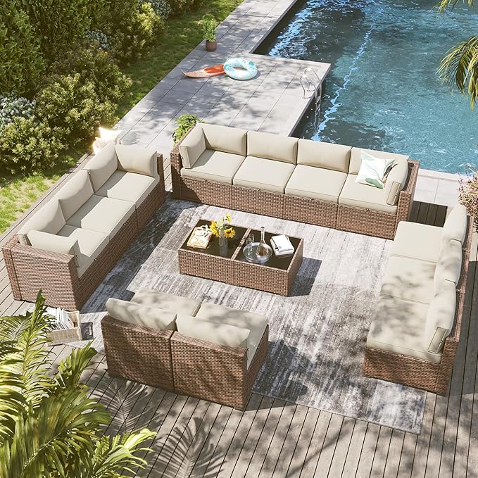 LazySunsets 14 Piece Outdoor Patio Furniture Set with Coffee Table, Outdoor Patio Furniture Sets with Waterproof Cover and 4'' Cushion, Wicker Outdoor Conversation Set for Backyard & Garden, Beige