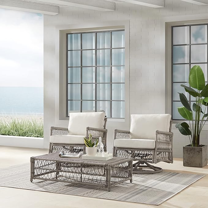 Crosley Furniture Thatcher 3-Piece Outdoor Swivel Rocker Chair and Ottoman Patio Furniture Set, Wicker Conversation Sets for Porch, Driftwood with Creme Cushions