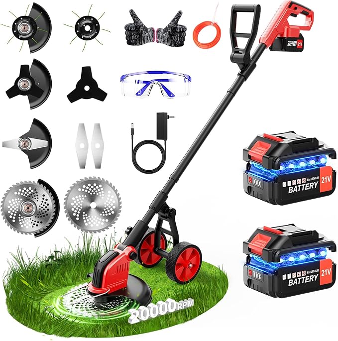 20000 RPM Electric Weed Wacker with Wheel,12″ Brushless Cordless Weed Eater Battery Powered, 4-in-1 Brush Cutter/String Trimmer/Grass Edger Tool/Lawn Mower, Stringless Weed Trimmer,5 Blade,2 Battery