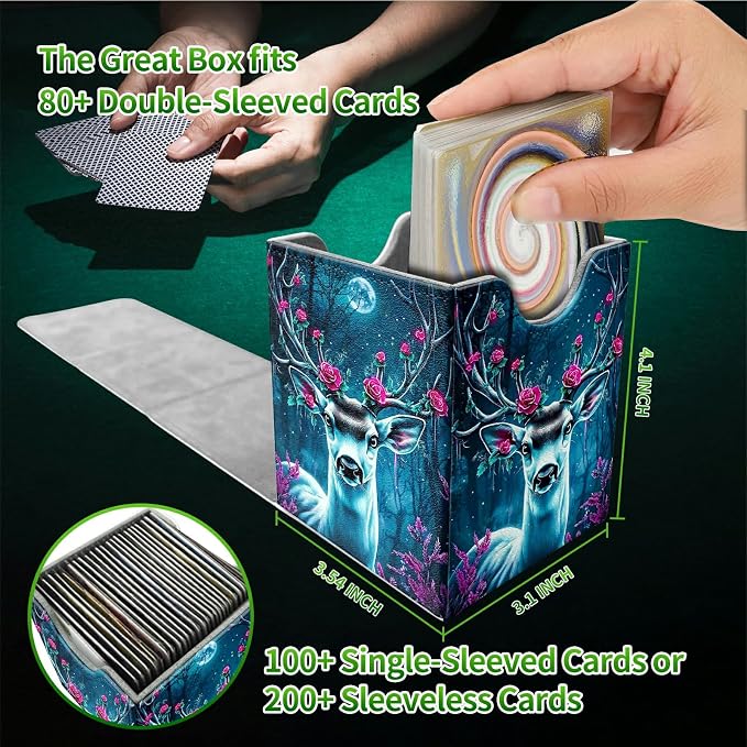Deck Box for MTG, Cards Storage Box Fits 120+ Sleeved, Leather Medium Size Strong Magnetic Closing Card Case for Board Games Magic TCG CCG Baseball Collection, Forest Flowers Deer