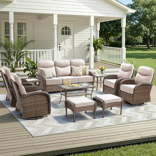 10 Pieces Luxury Outdoor Patio Furniture Set with 6-Inch Thick Cushions, Wicker Outdoor Furniture with High Back Swivel Patio Chairs Set of 4, Wicker Conversation Set for Deck Garden Porch, Beige