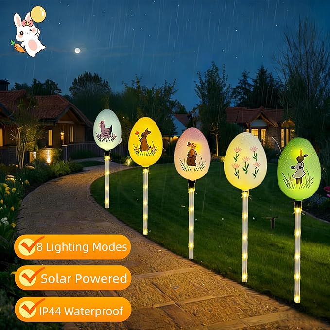 Solar Easter Pathway Lights - 5 Pack Bunny Egg Light Outdoor Solar Powered Path Lights with 8 Lighting Modes, Waterproof Garden Stake for Easter, Housewarming Gifts & Outdoor Decor