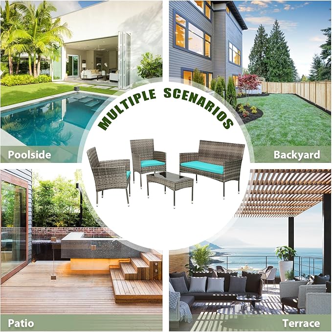 PayLessHere Outdoor Furniture Set 4 Pcs Modular Patio Furniture Set Water Resistant Conversation Set with 3 Rattan Chairs 1 Tempered Glass Topped Table for Patio Poolside, Gray Wicker/Blue Cushions
