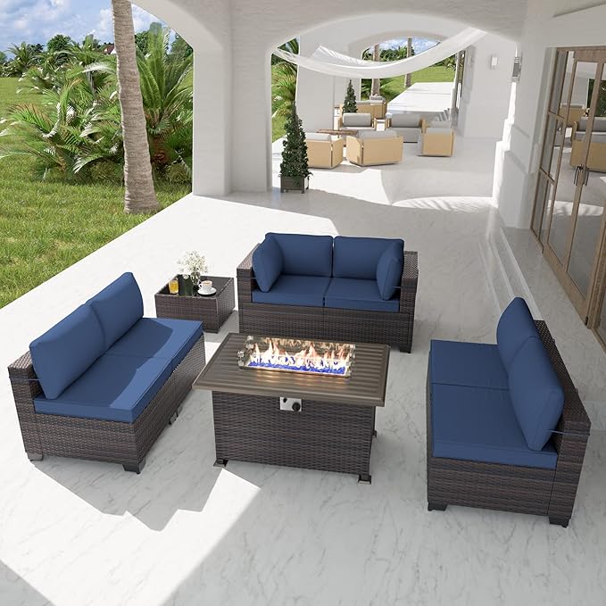 Patio Furniture Set with Fire Pit Table 8-Piece Outdoor Sectional Furniture Outdoor Rattan Patio Conversation Sets with 55,000 BTU Propane Gas Fire Pit Table and Glass Table, Navy Blue