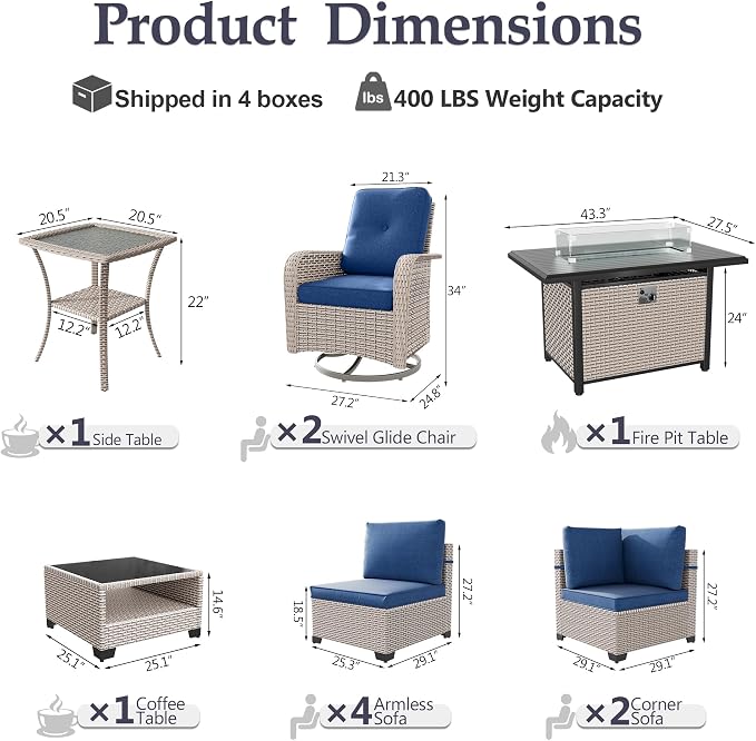 Patio Furniture Set, 11-Piece Outdoor Sectional Sofa with Swivel Rocker Chairs & Fire Pit Table, Wicker Patio Conversation Set with Coffee Table, Blue Cushions