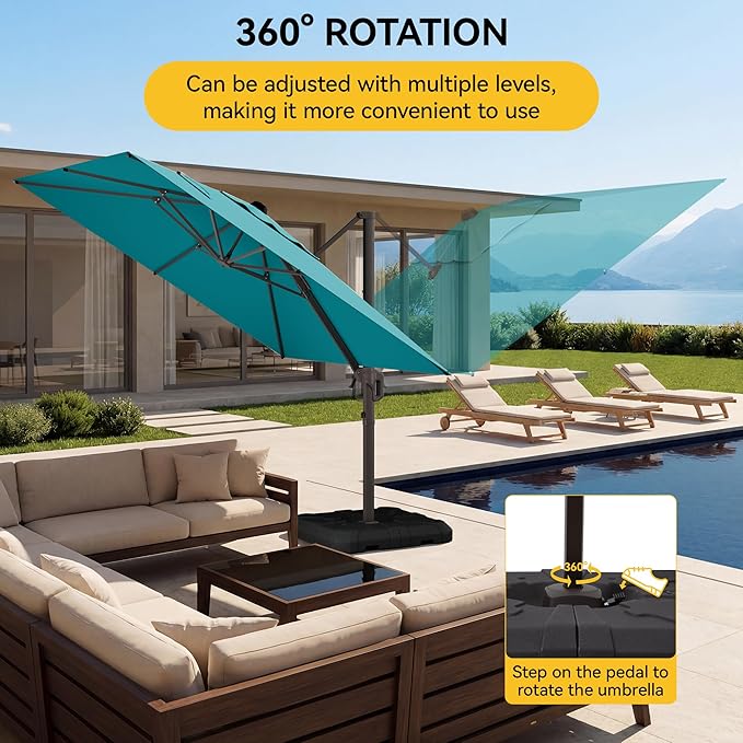 10x10FT Cantilever Outdoor Umbrella, 360° Rotating Large Offset Square Patio Umbrella, Ideal for Garden Backyard Deck Courtyard, Turquoise