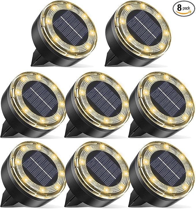 vighep Mini Outdoor Solar Lights，8 Pack Solar Garden Light for Outside IP65 Waterproof, 8 LED Disc Landscape Lighting for Garden Yard Driveway Walkway Poolside Deck Lawn Patio，Warm White