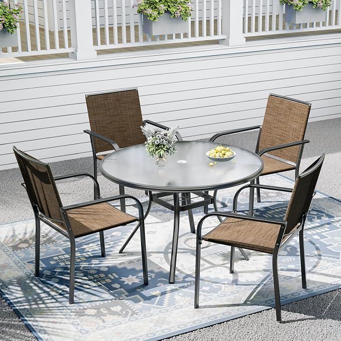 Outdoor Patio Set, 40" Round Glass Dining Table and 4pcs Stackable Chairs, All-Weather Patio Furniture Set with 1.7" Umbrella Hole for Garden Backyard Lawn Poolside