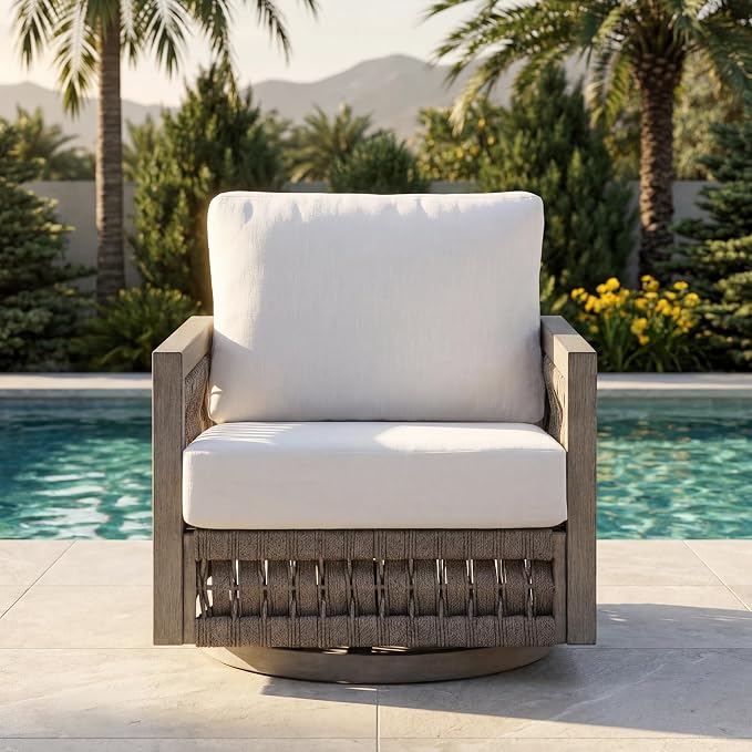 Patio Swivel Chair, Rope Weave Outdoor Chair with Widened Armrests & Thick Cushions, All-Weather Aluminum Deep Seating Chair, Never Rust Patio Chair for Garden, Porch, Deck, Gray Oak | Aluminum Frame