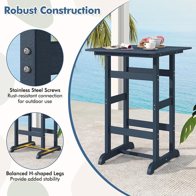 Giantex 42" Height Outdoor Tall Bar Table, HDPE Square Pub Tables with Wood Grains, High Top, Cocktail Bistro Table for Adirondack Chairs, Patio, Garden, Poolside, Yard, Balcony, Navy