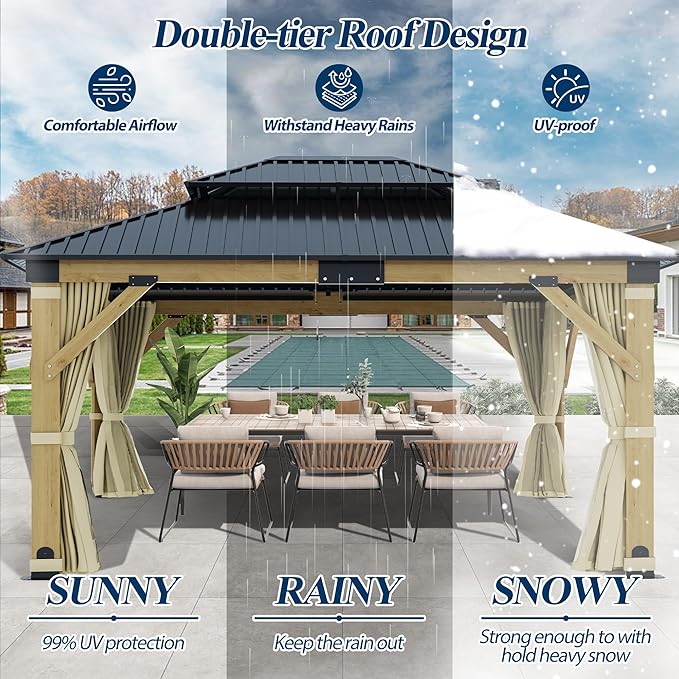 COVERONICS 13FT x 15FT Outdoor Wooden Gazebo - Patio Wood Frame Gazebo with Galvanized Steel Hardtop, Heavy-Duty Hardtop Gazebos with Netting & Curtains for Garden, Poolside, Deck, Backyard