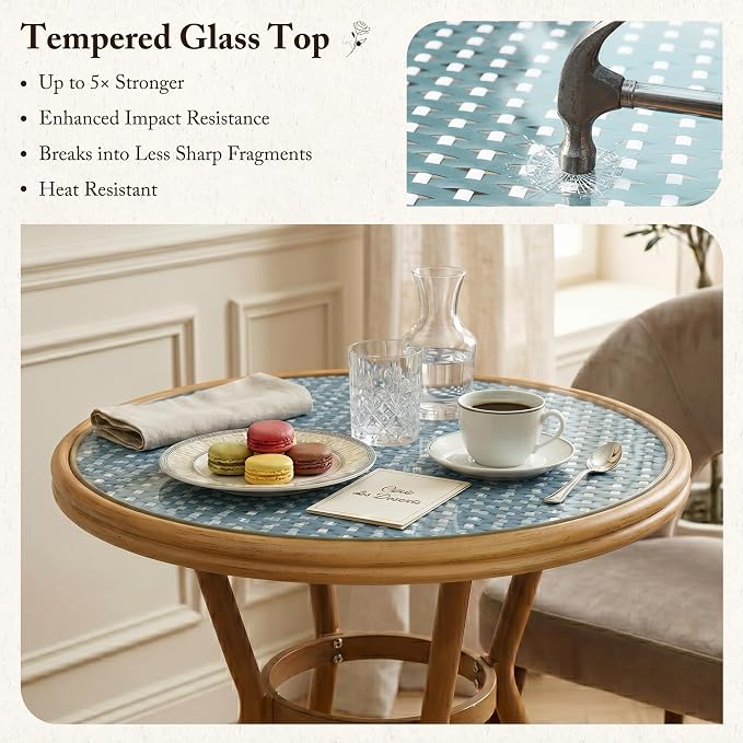PURPLE LEAF 3-Piece French Bistro Dining Set Round Outdoor Patio Table and 2 Armless Chairs Tempered Glass Top PE Rattan Champagne Print Finish Aluminum Frame Light Blue
