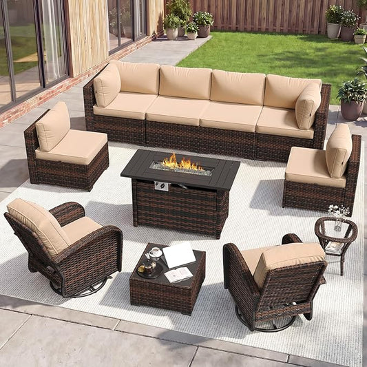 Aoxun 11 Piece Outdoor Patio Furniture Set with 44'' Fire Pit Table, Wicker Rattan Outdoor Furniture with High Back Swivel Rocker Chairs, Outdoor Sofa Set with Thick Cushion & Side Table, Beige