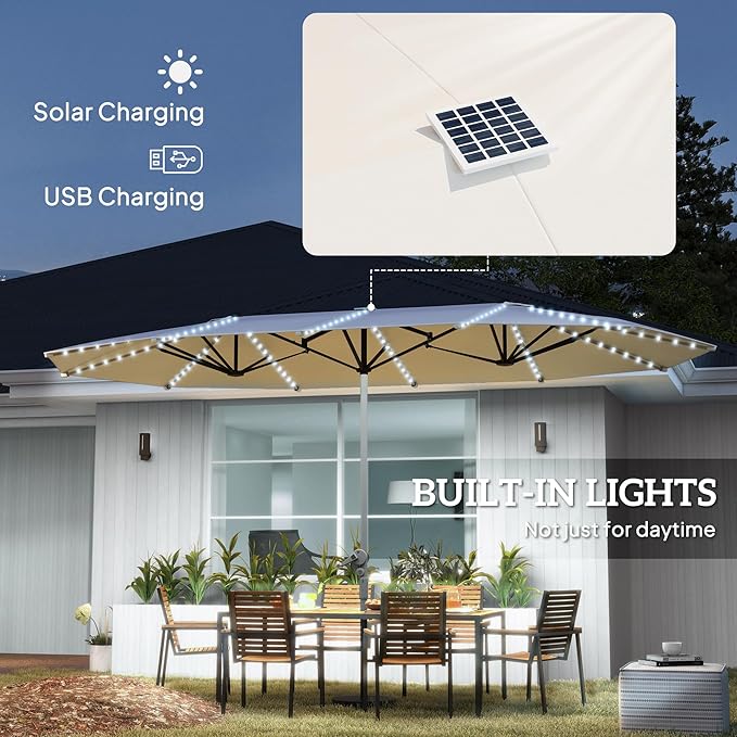 Outsunny 15ft Extra Large Patio Umbrella with Bright Solar Lights, Aluminum UPF50+ Double-Sided Outdoor Table Market Umbrella with Fiberglass Ribs Crank Air Vents for Backyard Deck Pool
