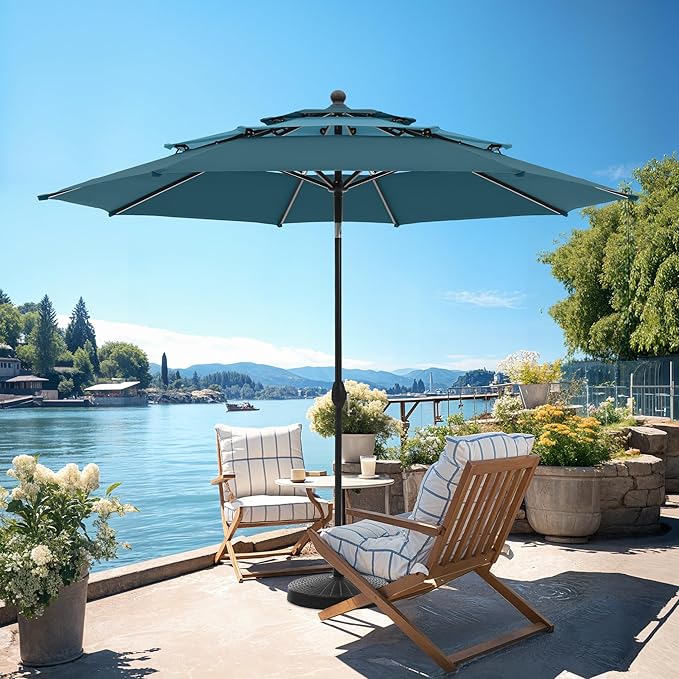 PHI VILLA 10ft Outdoor Patio Umbrella for Outside, 3 Tier Vented Round Market Table Umbrella Windproof for Backyard, Deck, Garden, Cyan & Green (No Base)