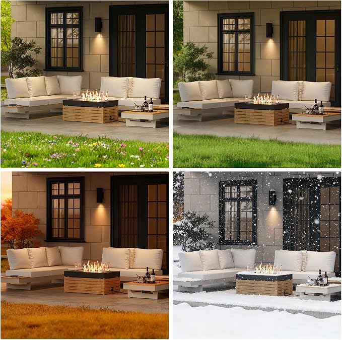 homary Patio Conversation Sets with Fire Pit-Modular Outdoor Sofa Aluminum & Teak Sofa Set with Glass Wind Guard Ideal for Patios & Balconies, Light Gray