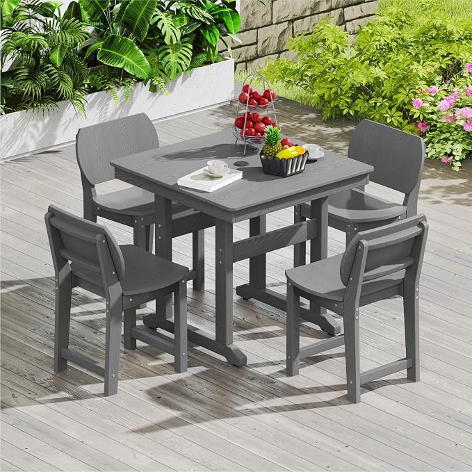 5-Piece HDPE Outdoor Dining Set, Weatherproof Patio Table and Chairs Set for 4, Includes 1 Square Table and 6 Armless Chairs, with Umbrella Hole (Grey)