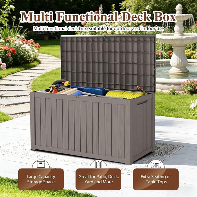 180 Gallon Waterproof Outdoor Storage Box, UV-Resistant & Lockable Lid | Resin Deck Box , Heavy-Duty Large Patio Outside Cushions for Garden Tools, Pool Accessories, Package Delivery, Chest, Toys