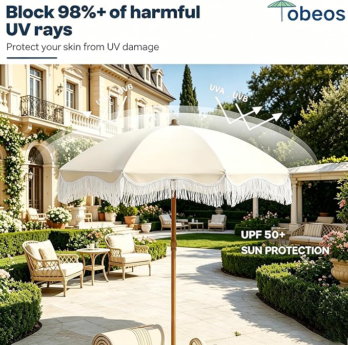7FT Patio Umbrella with Fringe, Outdoor Tassel Umbrella with Fiberglass Ribs, Boho Beach Umbrella, Push Button Tilt and Carrying Bag, UPF50+