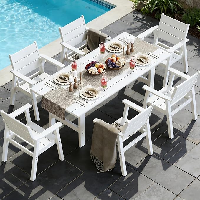 Outdoor Dining Set for 6, 7-Piece Patio Table and Chairs Set, HDPE Outdoor Dining Table and Chairs with Umbrella Hole, All-Weather Dining Furniture Set,White
