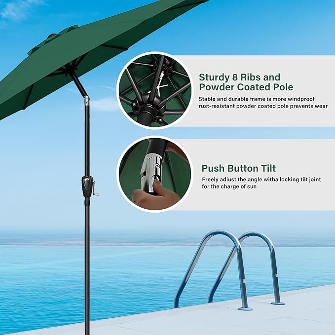 HealSmart 2pcs 9ft Patio Umbrella with Push Button Tilt/Crank, Outdoor Table Market Yard Umbrella with 8 Sturdy Ribs for Garden, Backyard, Deck, Pool, Green