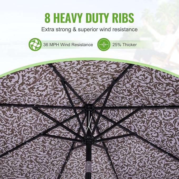 Backyard Expressions 9FT Solar Patio Umbrella with 32 LED Lights, UPF50+ UV Protection, Fade-Resistant Fabric, Easy Tilt & Crank, Outdoor Umbrella for Patio, Deck & Pool (Base Not Included)