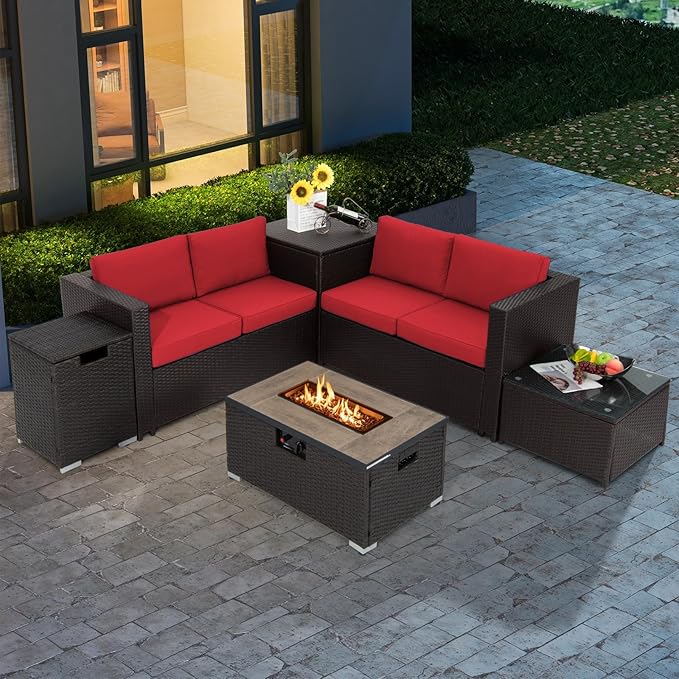 Tangkula 6 Pieces Patio Wicker Furniture Set with 32 Inches Propane Fire Pit Table and Tank Holder, Outdoor Conversation Set with Storage Box and Coffee Table, 2 Waterproof Covers Included (Red)