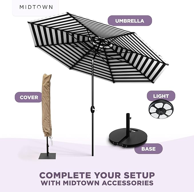 Midtown Umbrellas - The Lean 10 Ft Patio Umbrella with Fade-Resistant Sunbrella Fabric, Auto-Tilt Aluminum Frame and 8 Reinforced Ribs for Deck, Pool & Garden - Canvas Glacier Canopy, Black Pole