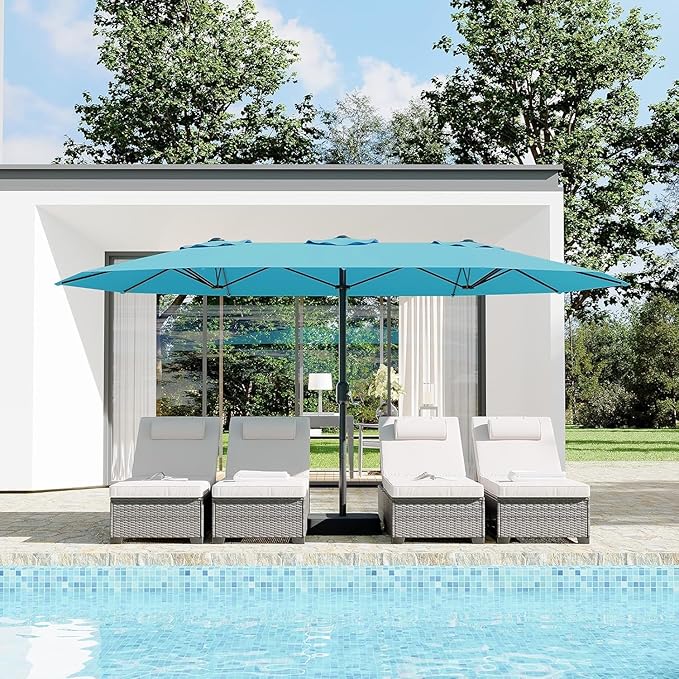 Garvee 15FT Rectangular Outdoor Umbrella Patio Umbrella with Base Included Large Market Umbrellas with Crank Handle UV Protection Table Umbrellas for Outdoor, Backyard, Deck, Poolside, Mist Blue